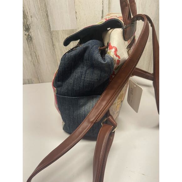 Michael Michelle Hand Painted Denim Backpack Floral NWT Paris Print Handbag - Picture 6 of 13